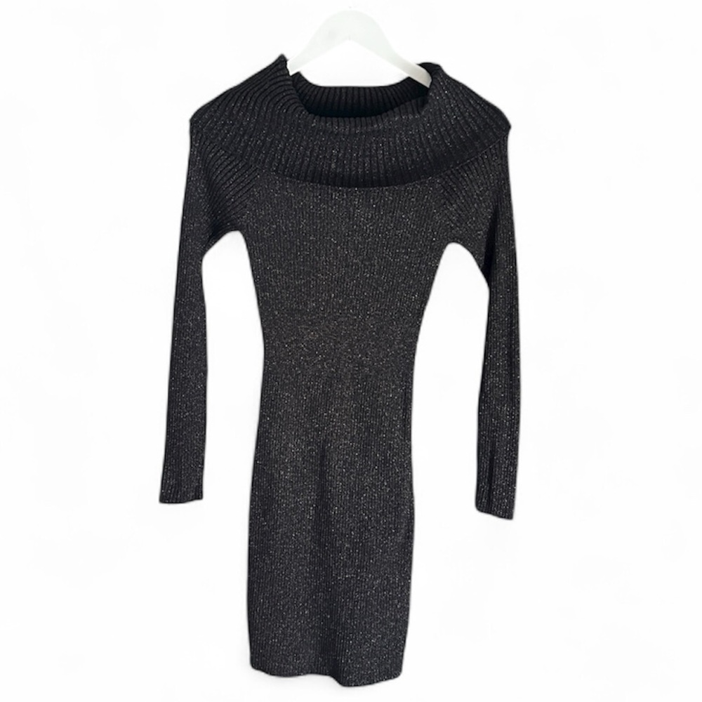 Women’s bebe Black Sparkly Metallic Long Sleeve Bodycon Mini Dress Size Medium